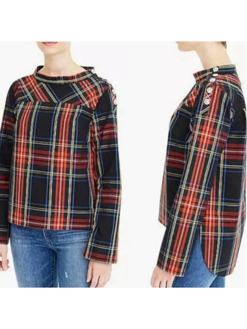 J. Crew Funnelneck Shirt in Stewart Tartan with Jeweled Buttons Women's Size 00 - Picture 3 of 12